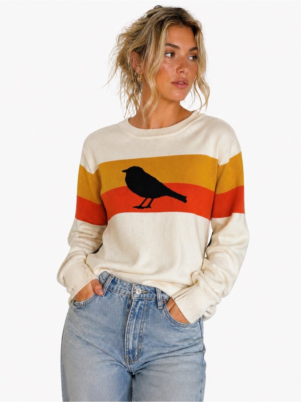OXKNIT Bird Graphic Sweater
Size L Cream Orange Retro
Stripe Cotton